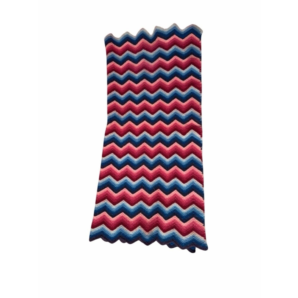 Handmade Crochet Chevron Throw Blanket Pink Blue White Afghan 41x39